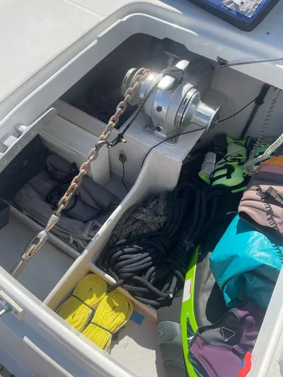 Kishta Yacht Photos Pics Storage compartment of 2009 Fountaine Pajot Cumberland 46 with anchor chain and gear.