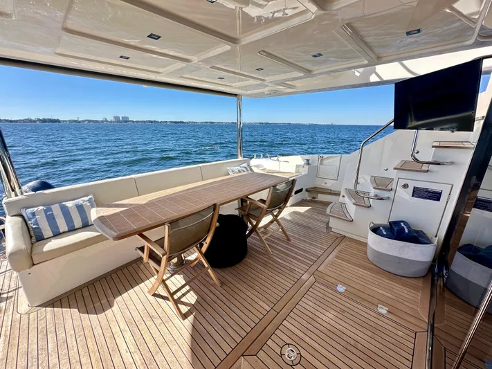  Yacht Photos Pics Luxurious Absolute 72 FLY yacht deck with seating, table, and ocean view, 2016 model.