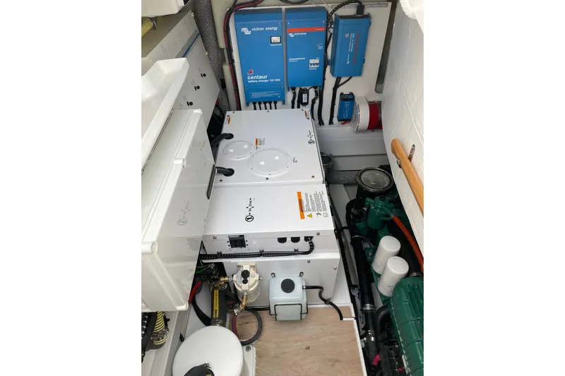  Yacht Photos Pics Engine room of 2021 Fairline Targa 45 GT with electrical components and machinery.
