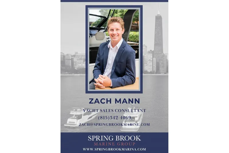  Yacht Photos Pics Yacht sales consultant advertisement featuring Zach Mann, contact details, and Fairline Targa 45 GT.