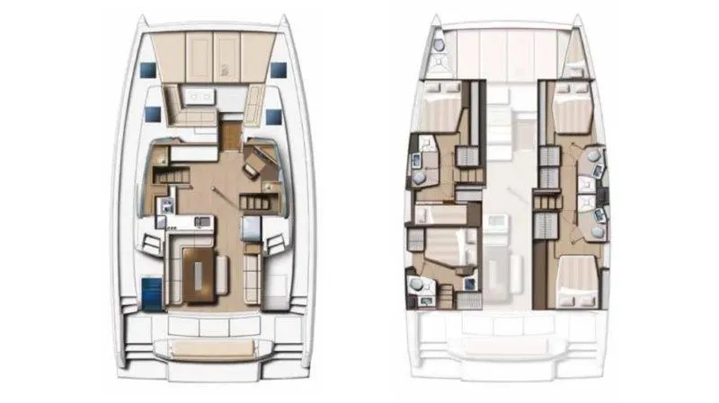 Neve Yacht Photos Pics Floor plan of a 2022 Bali 4.6 catamaran, showcasing interior layout and cabin arrangement.