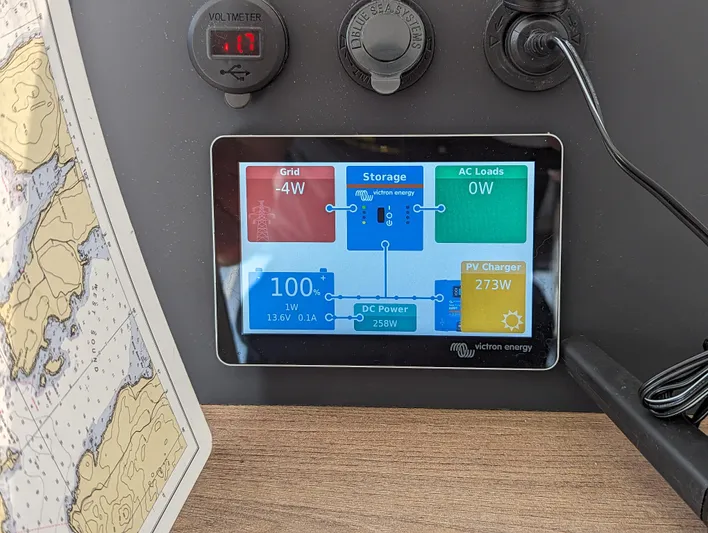Neve Yacht Photos Pics Control panel display on a Bali 4.6, showing energy management data, 2022 model.