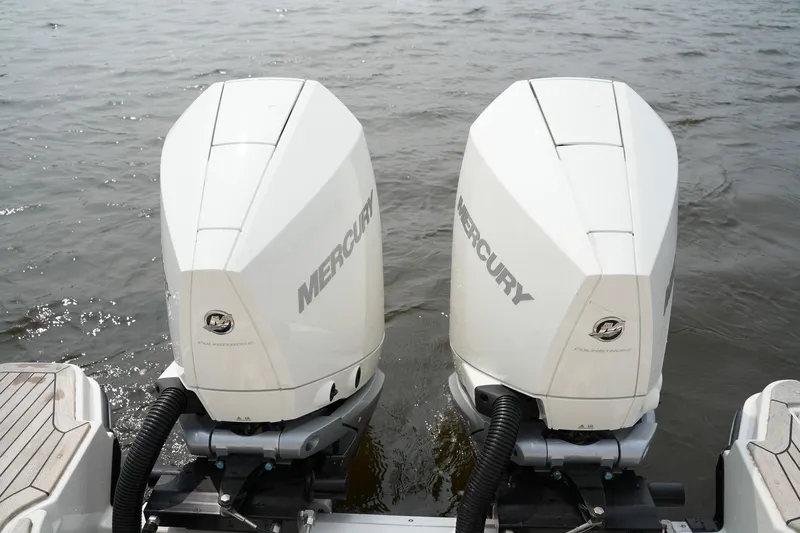  Yacht Photos Pics Twin Mercury outboard engines on a 2023 Sea Ray SLX 310 boat.