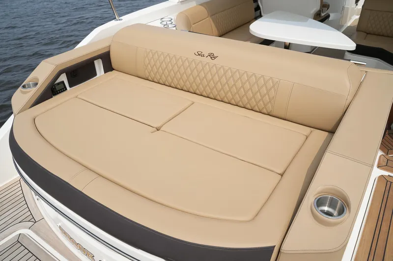  Yacht Photos Pics 2023 Sea Ray SLX 310 boat with luxurious tan seating and cup holders.