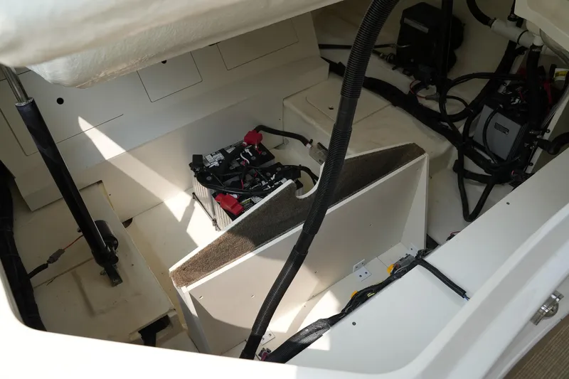  Yacht Photos Pics 2023 Sea Ray SLX 310 engine compartment with visible wiring and components.