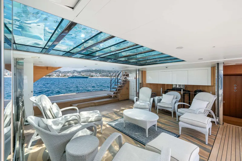  Yacht Photos Pics Luxurious 2018 Sanlorenzo 52Steel yacht interior with elegant seating and glass ceiling.