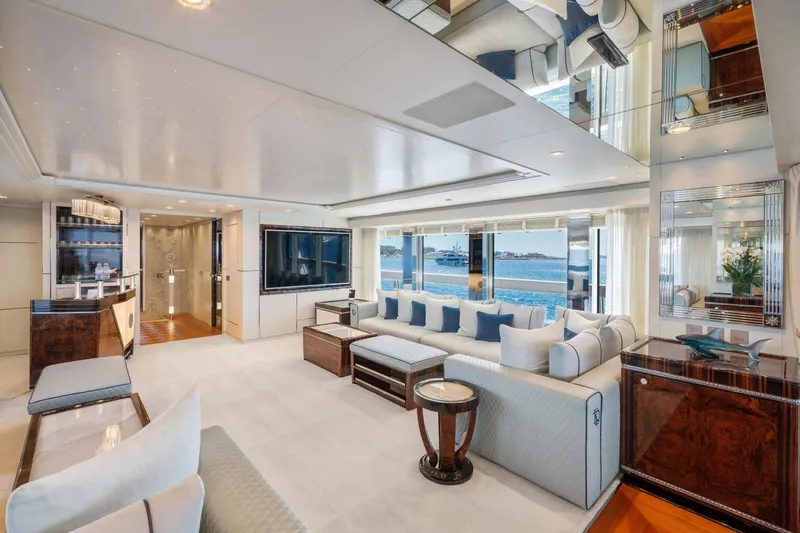  Yacht Photos Pics Luxurious interior of 2018 Sanlorenzo 52Steel yacht with elegant furnishings and ocean view.