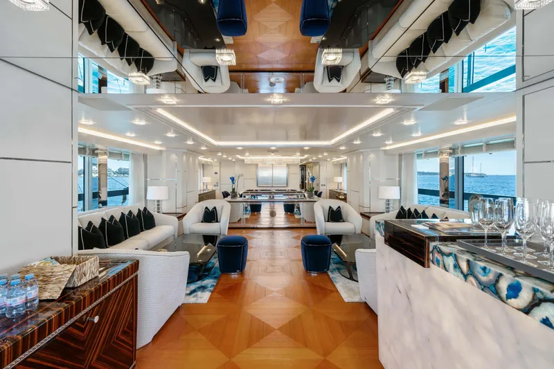  Yacht Photos Pics Luxurious interior of 2018 Sanlorenzo 52Steel yacht with elegant furnishings and ocean view.