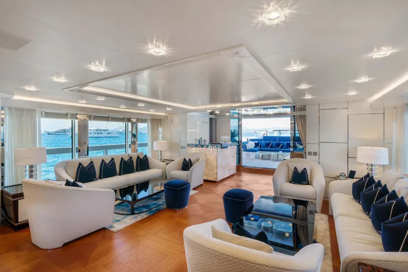  Yacht Photos Pics Luxurious interior of 2018 Sanlorenzo 52Steel yacht with elegant seating and ocean view.