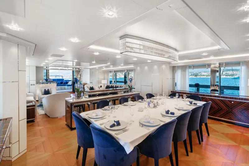  Yacht Photos Pics Luxurious interior of 2018 Sanlorenzo 52Steel yacht with elegant dining area and ocean view.