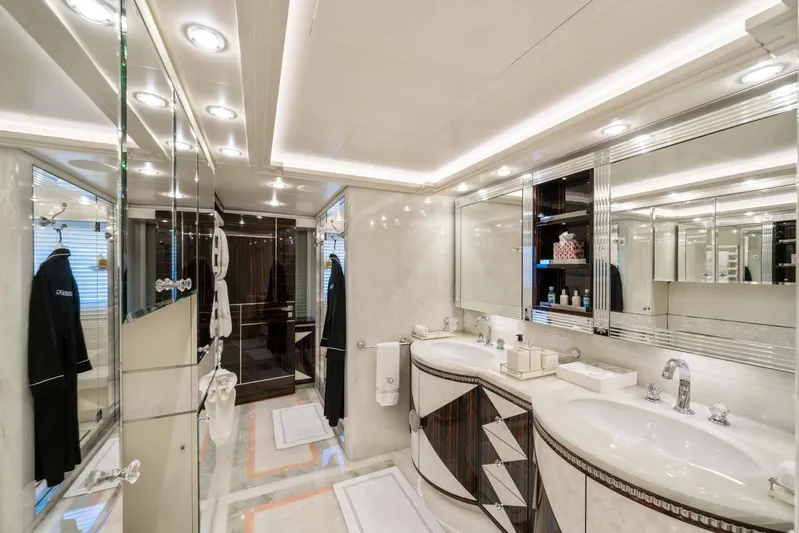  Yacht Photos Pics Luxurious bathroom on 2018 Sanlorenzo 52Steel yacht with elegant double sinks and mirrored walls.