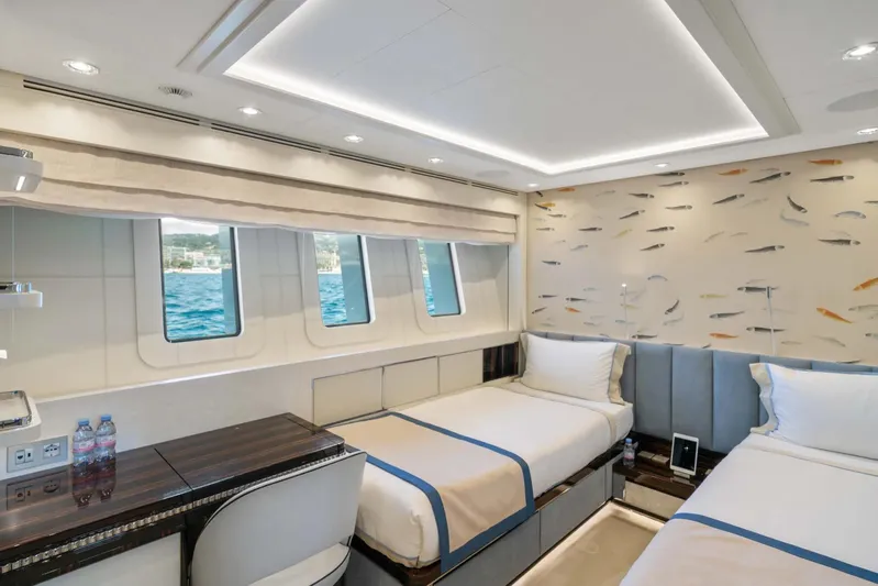 Yacht Photos Pics Luxurious 2018 Sanlorenzo 52Steel yacht cabin with twin beds and ocean view windows.