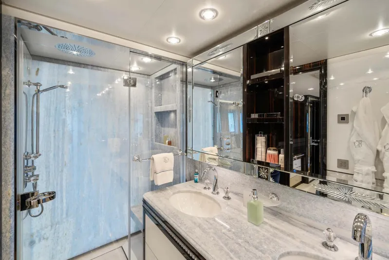 Yacht Photos Pics Luxurious bathroom in 2018 Sanlorenzo 52Steel yacht with marble countertops and glass shower.