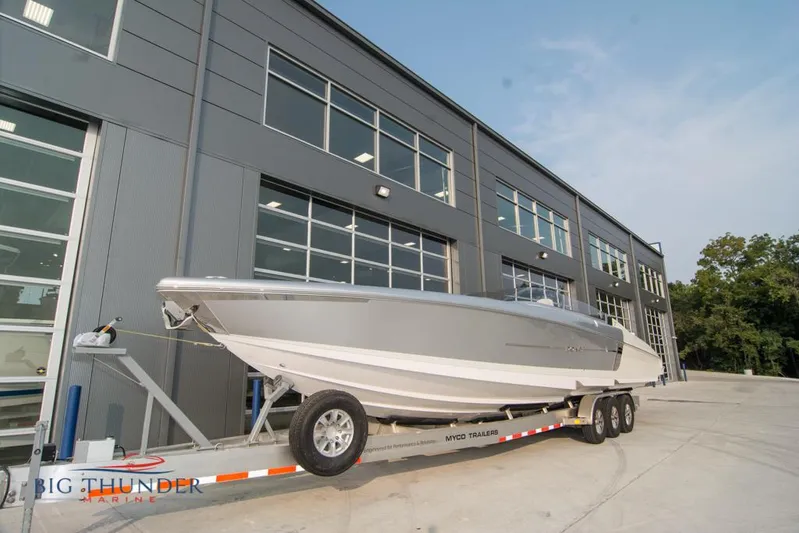  Yacht Photos Pics 2019 Donzi 41 GT boat on trailer outside Big Thunder Marine building.