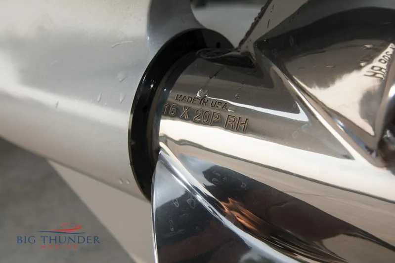  Yacht Photos Pics Close-up of a 2019 Donzi 41 GT boat propeller with Big Thunder Marine logo.