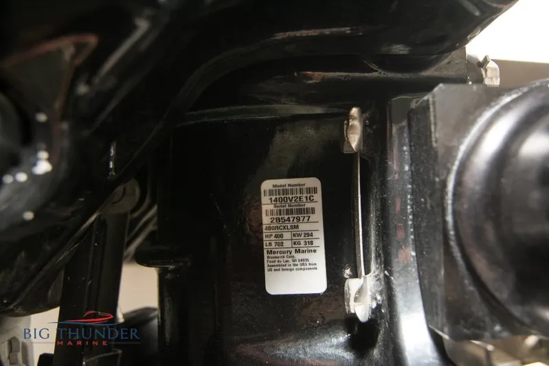  Yacht Photos Pics Close-up of 2019 Donzi 41 GT engine part with Mercury Marine label.