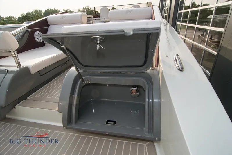  Yacht Photos Pics 2019 Donzi 41 GT boat storage compartment with open hatch.