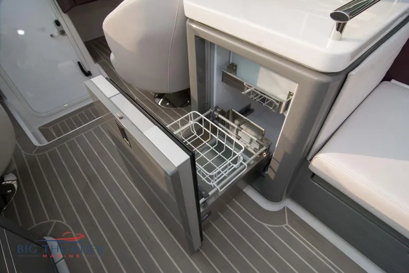 Yacht Photos Pics 2019 Donzi 41 GT boat interior with open drawer refrigerator.