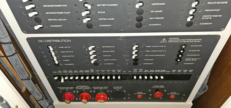 Sunbeam Yacht Photos Pics Electrical control panel of a 2002 Pursuit 3800 Express boat.