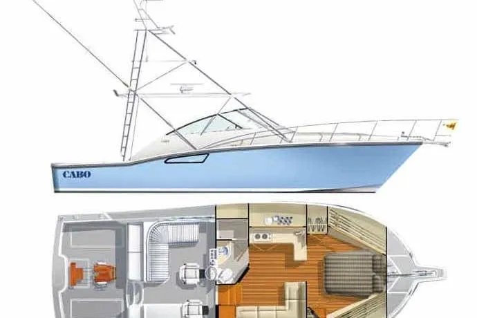 Kraken Yacht Photos Pics Side and top view of a 2007 Cabo Express boat with detailed interior layout.