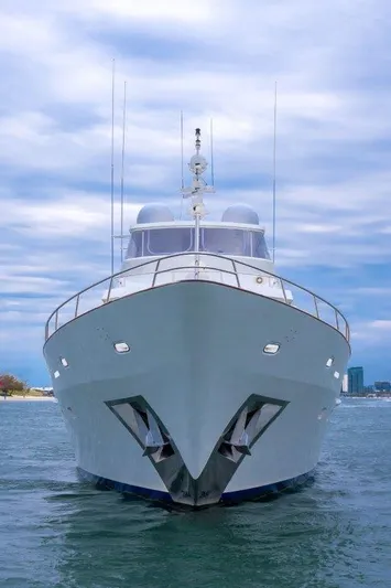Atlantic Princess Yacht Photos Pics Front view of a 1992 Custom GeTa 86ft Motor Yacht on the water.