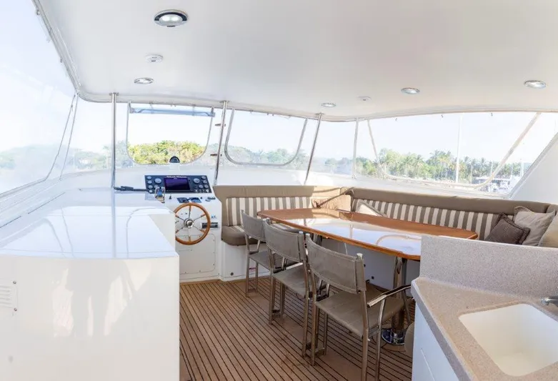 Atlantic Princess Yacht Photos Pics Luxurious interior of 1992 Custom GeTa 86ft Motor Yacht with elegant seating and navigation area.