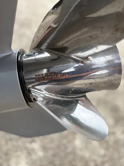  Yacht Photos Pics Close-up of a stainless steel boat propeller, Protector 310 Targa 2020 model.