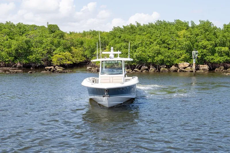 Yacht Photos Pics 2019 Boston Whaler 380 Outrage navigating through calm waters near lush greenery.