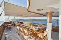 Luxurious 1902 Ailsa Shipbuilding yacht deck with elegant dining setup and ocean view.