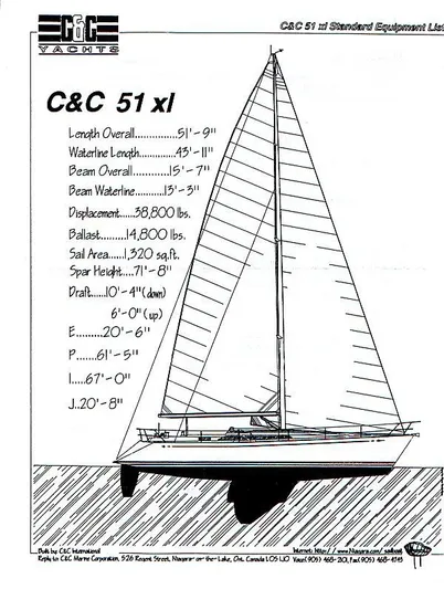 Blue Yacht Photos Pics C&C 51 XL sailboat specifications sheet, featuring dimensions and technical details, 1994 model.