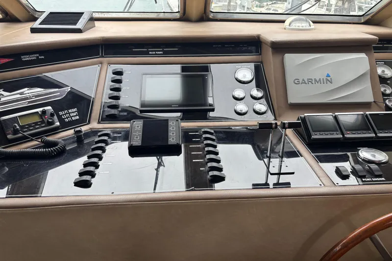  Yacht Photos Pics Cockpit of 1986 Maiora Phantom yacht with Garmin navigation system and control panels.