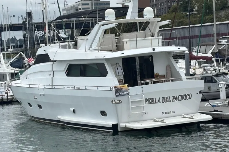  Yacht Photos Pics Luxury yacht "Perla del Pacifico" docked, Maiora Phantom 1986 model, Seattle marina.