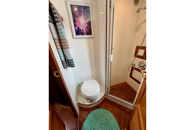 Eagles Soar Yacht Photos Pics Compact bathroom in 2000 Hampton 490 yacht with shower, toilet, and decorative elements.