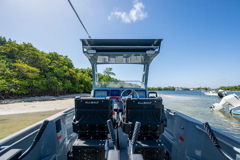 Yacht Photos Pics 2023 SAFE Boats Interceptor on calm water near a sandy shore and lush greenery.