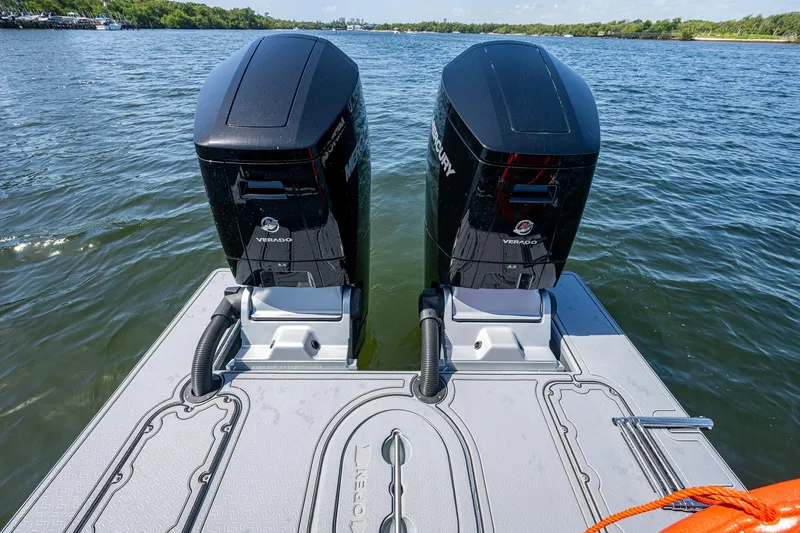  Yacht Photos Pics 2023 SAFE Boats Interceptor with dual Mercury Verado engines on water.