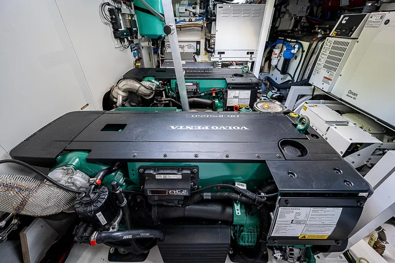 Miss K Yacht Photos Pics Engine room of 2022 Prestige 520 Fly yacht with Volvo Penta engines.