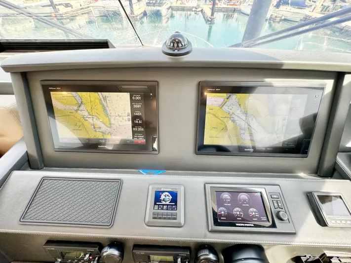 Waves III Yacht Photos Pics Dashboard of a 2017 Maritimo M51 yacht with navigation screens and controls.