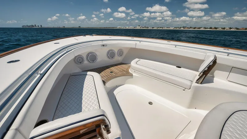 Bulldawg Yacht Photos Pics 2023 Valhalla Boatworks V-46 luxury seating area with ocean view.