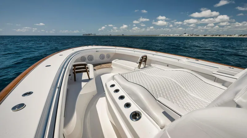 Bulldawg Yacht Photos Pics 2023 Valhalla Boatworks V-46 luxury deck with plush seating on open water.