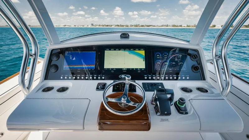 Bulldawg Yacht Photos Pics 2023 Valhalla Boatworks V-46 helm with advanced navigation displays and controls.