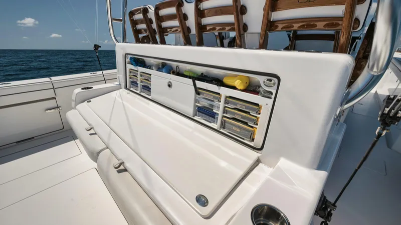 Bulldawg Yacht Photos Pics 2023 Valhalla Boatworks V-46 fishing boat with organized tackle storage on deck.