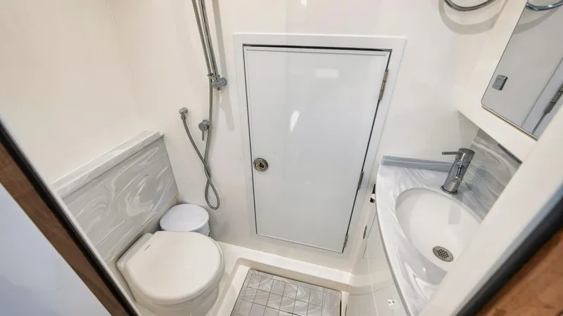 Bulldawg Yacht Photos Pics 2023 Valhalla V-46 boat bathroom with shower, toilet, and sink.