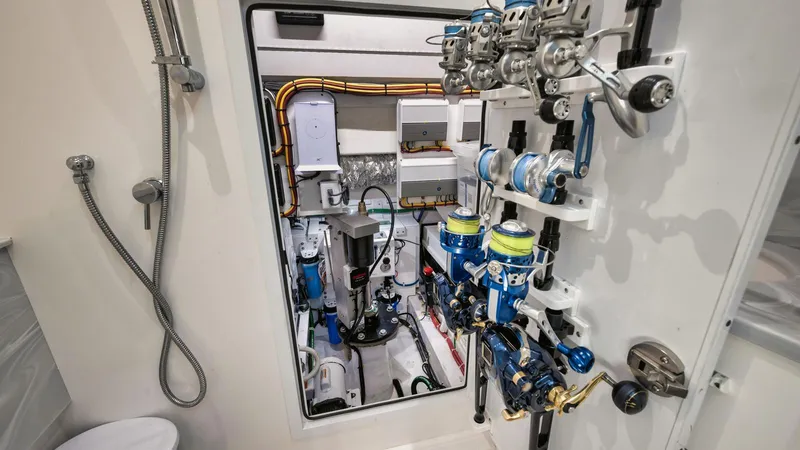 Bulldawg Yacht Photos Pics Engine room of 2023 Valhalla Boatworks V-46 with fishing gear and equipment.