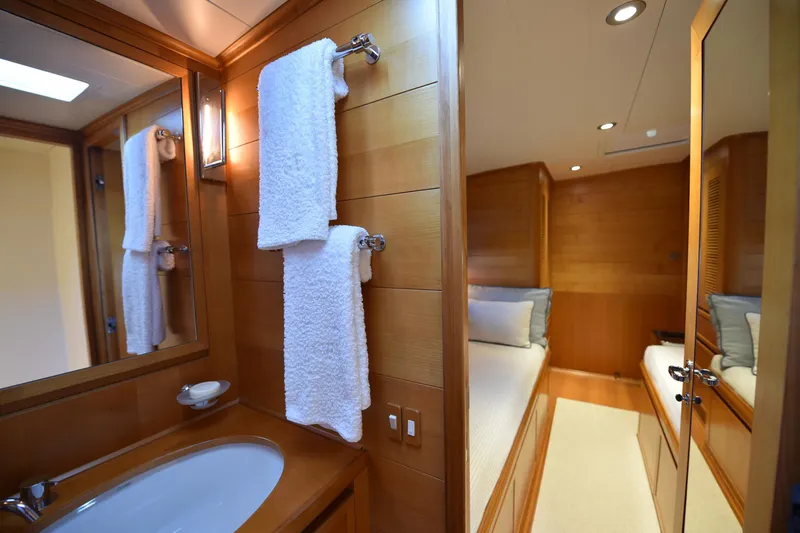 Green Eyes Yacht Photos Pics Luxurious bathroom and cabin interior of 2001 Wally Full Displacement Sailing Yacht.