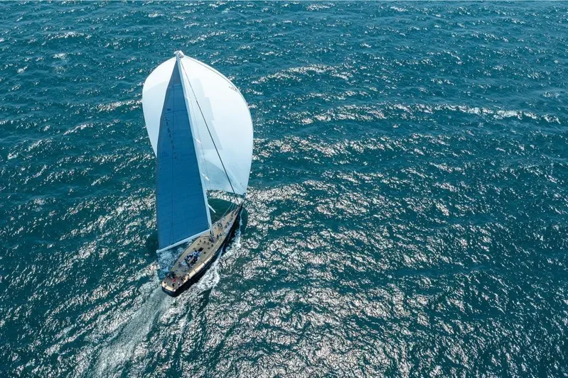 Green Eyes Yacht Photos Pics Aerial view of 2001 Wally Full Displacement Sailing Yacht on open sea.