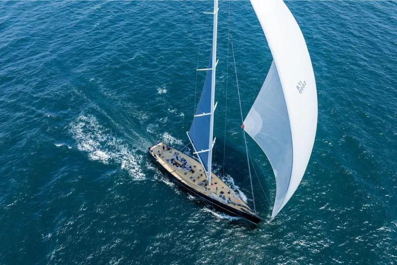 Green Eyes Yacht Photos Pics Aerial view of 2001 Wally Full Displacement Sailing Yacht navigating open sea.