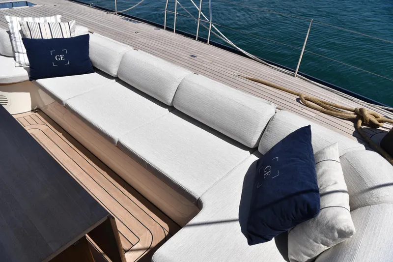 Green Eyes Yacht Photos Pics Luxurious seating area on 2001 Wally Full Displacement Sailing Yacht deck.