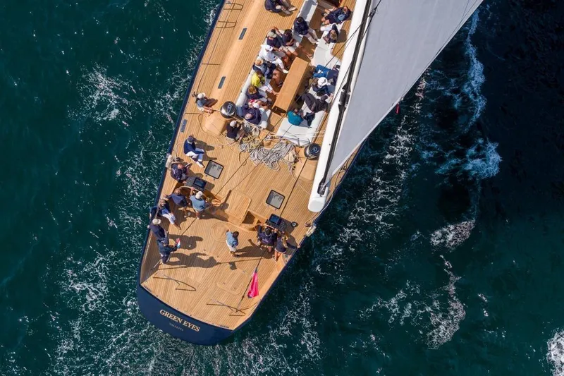 Green Eyes Yacht Photos Pics Aerial view of 2001 Wally Full Displacement Sailing Yacht on open sea.