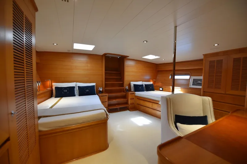 Green Eyes Yacht Photos Pics Luxurious wooden interior of 2001 Wally Full Displacement Sailing Yacht cabin.
