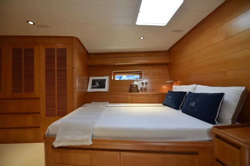 Green Eyes Yacht Photos Pics Luxurious wooden cabin interior of 2001 Wally Full Displacement Sailing Yacht.